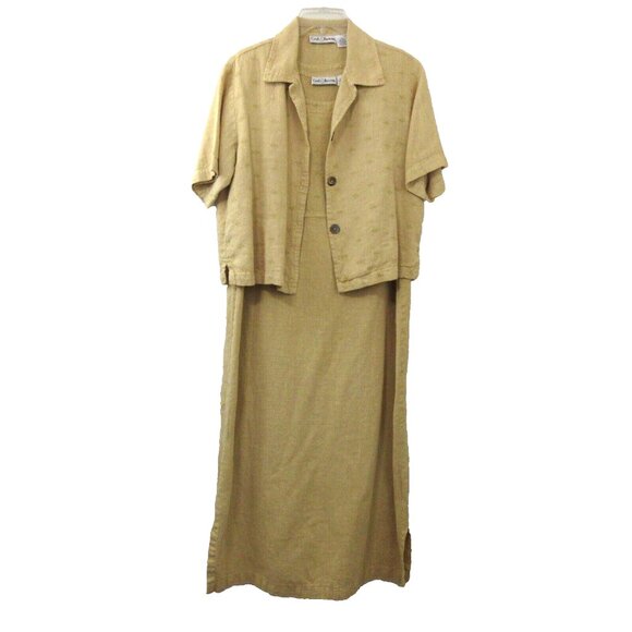 2-Piece 100% Linen Lagenlook Midi Sleeveless Dress-Button Jacket Set Sz Large - Picture 1 of 12